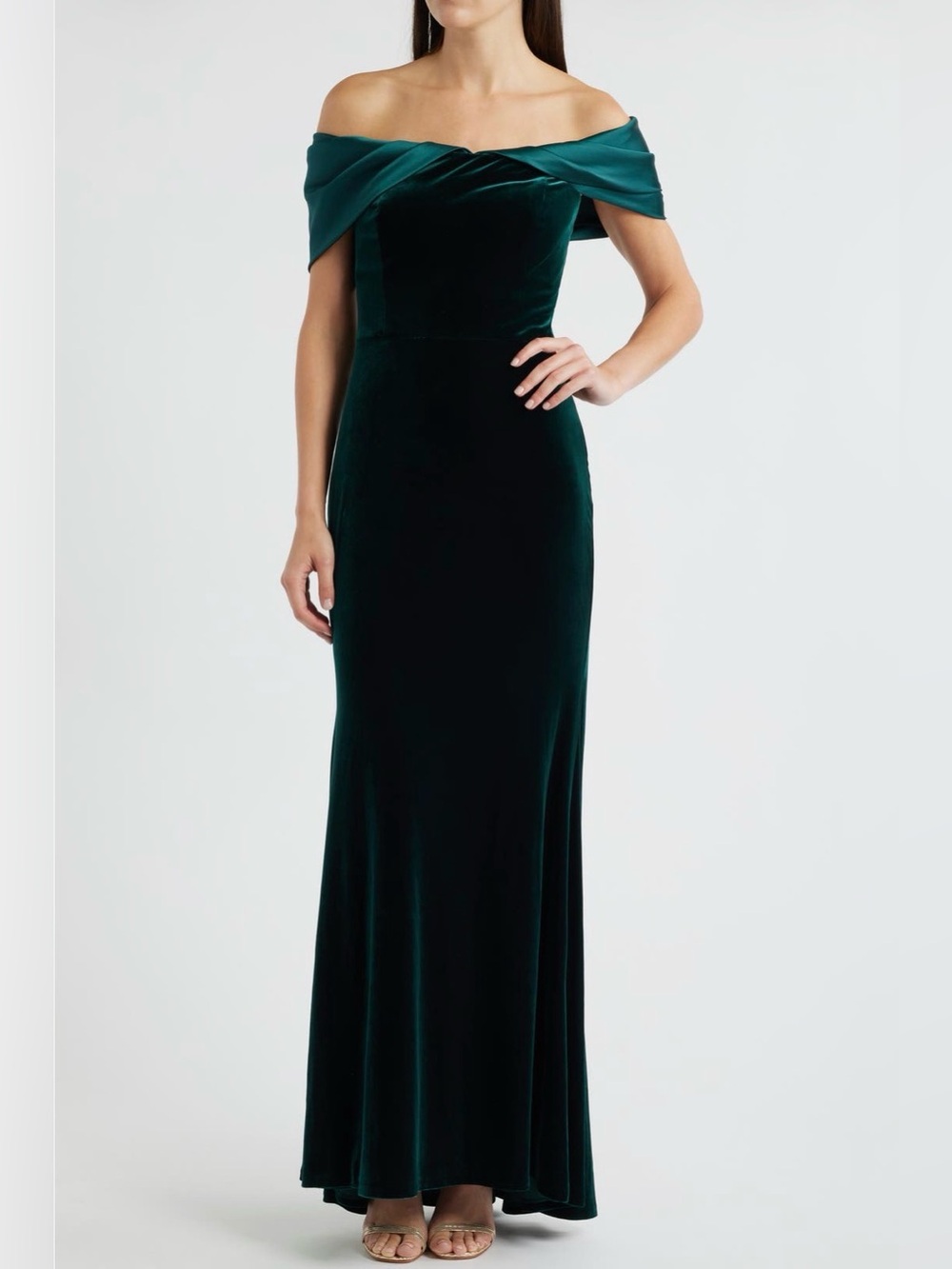 Eliza J off the shoulder satin & velvet mermaid gown